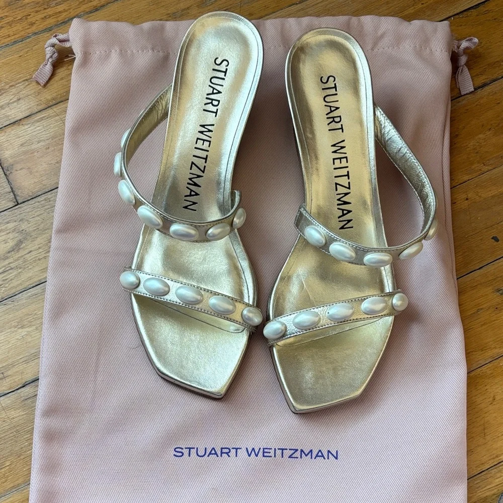 Stuart Weitzman Gold Pearl-Embellished Slide Mules - Picture 1 of 3